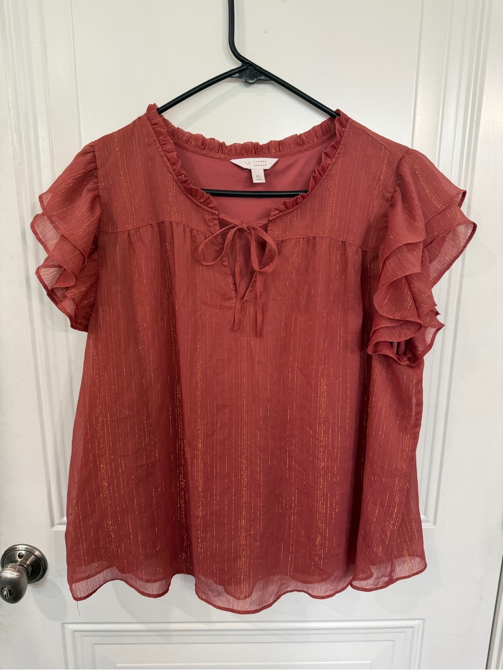 LC Lauren Conrad Burnt Orange Shimmer Tie-Neck Ruffle Blouse